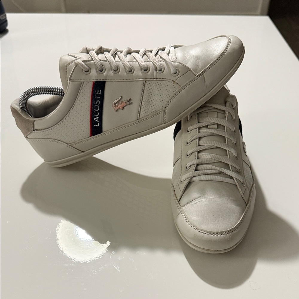 Lacoste Men's White Leather Sneakers with Navy Accent Size 9